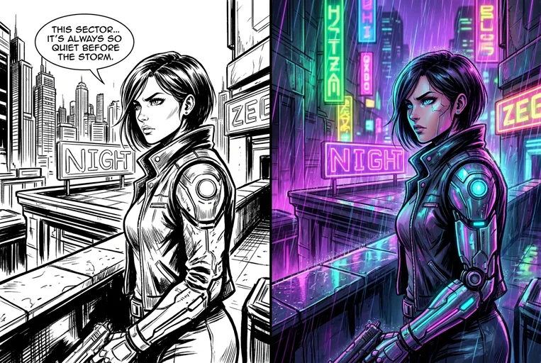 Cyberpunk style before and after Colorize Manga sample with neon accents