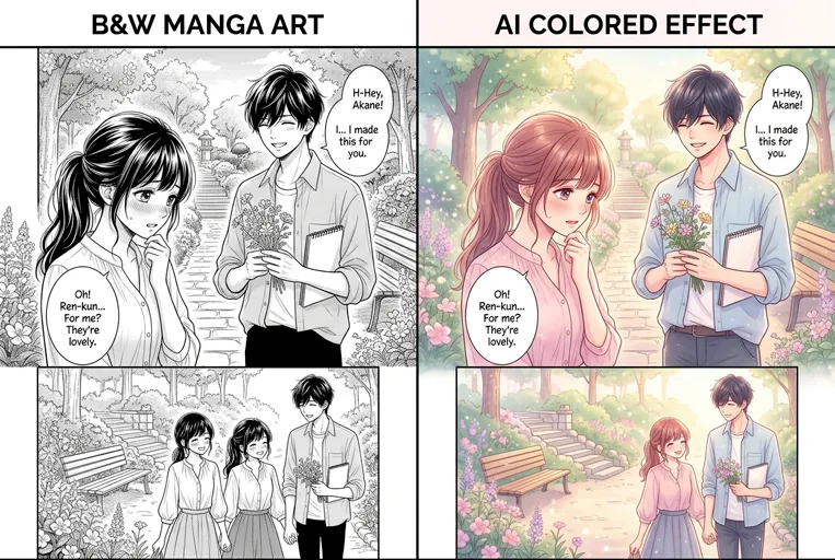 Shojo style before and after Colorize Manga sample with pastel tones