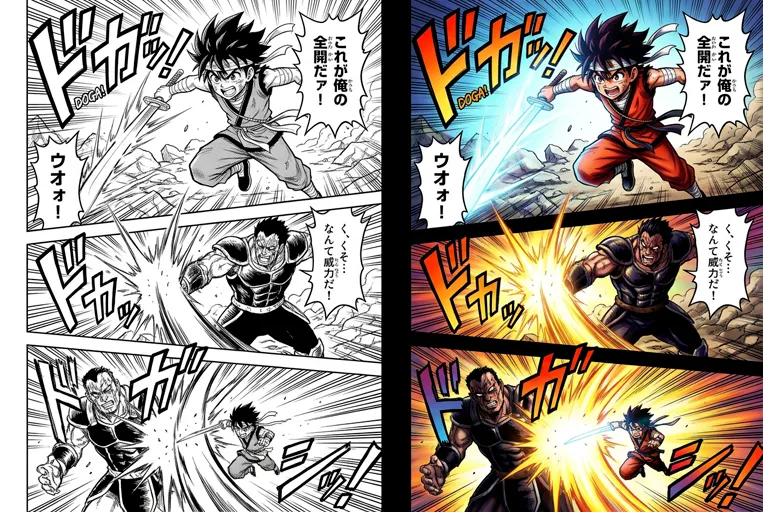 Shonen style before and after from the AI Manga Colorizer