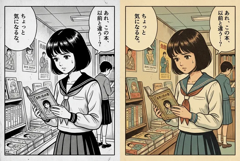 Vintage style before and after Colorize Manga sample with muted print colors