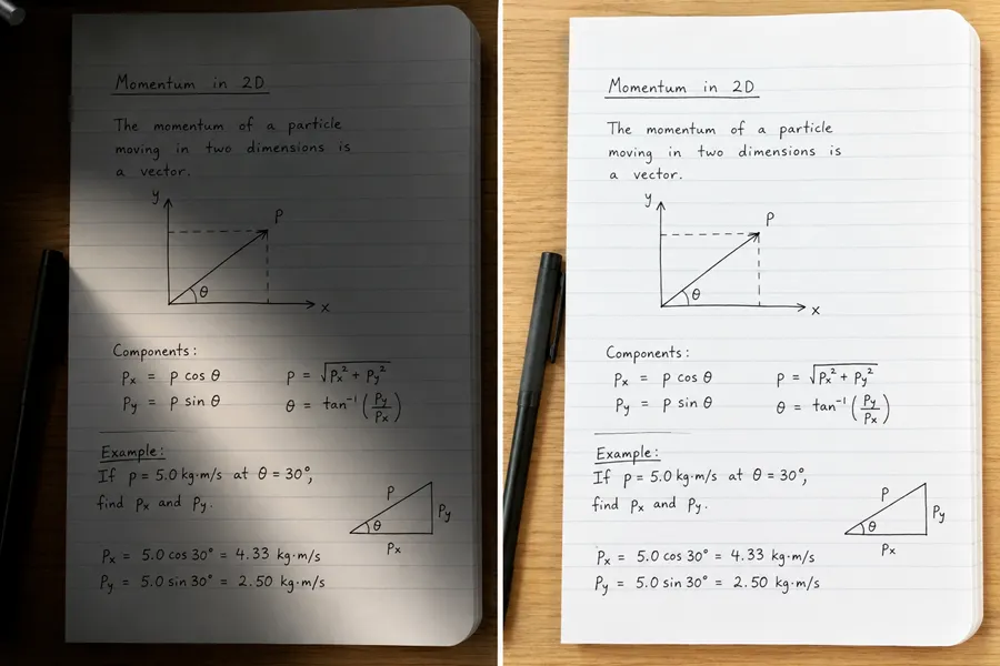 Document scene before and after: paper photo with clearer, more even light