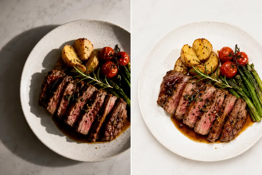 Food scene before and after: plated dish with cleaner, more appetizing light