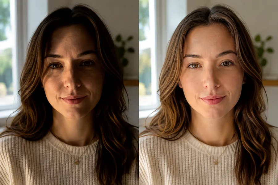 Portrait scene before and after: face photo with softer, more even light