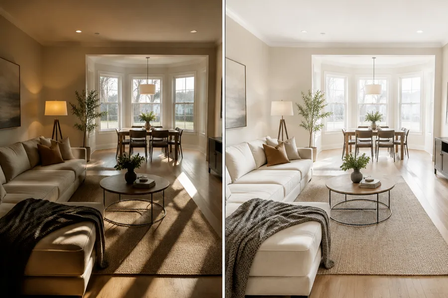 Interior scene before and after: room photo with more even light