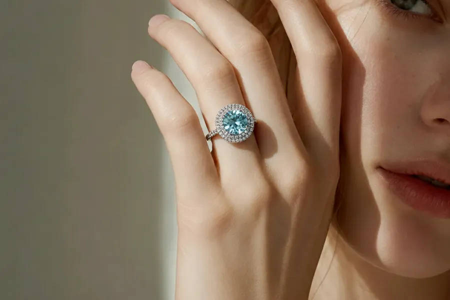 Woman's hand with AI-placed diamond engagement ring