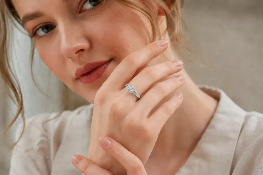 Hand with virtual diamond ring from any online store